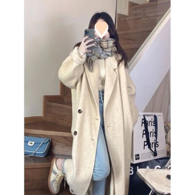 Áo khoác len nữ màu trắng áo khoác cashmere hai mặt dài vừa phải phong cách Hepburn nhỏ thu đông áo khoác len nữ