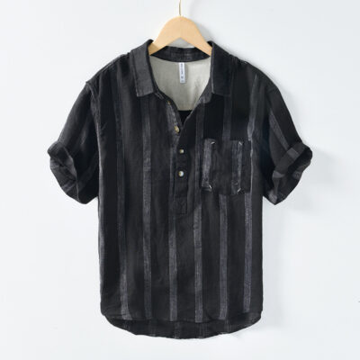 L956 vải lanh tinh khiết năm quý áo sơ mi nam thanh niên vải lanh cotton nghệ thuật Nhật Bản sọc nửa tay áo sơ mi mùa hè