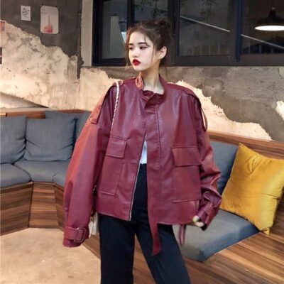Áo Khoác Da Nữ Xe Máy Quần Áo Thu Đông 2023 Mới Retro Dáng Rộng Thông Thường Áo Khoác Da PU