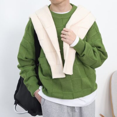 Cổ Tròn Màu Trơn Kẻ Sọc Áo Len Bé Trai Dáng Rộng Giày Lười Gió Áo Len Áo Len Đáy Dệt Kim Xu Hướng