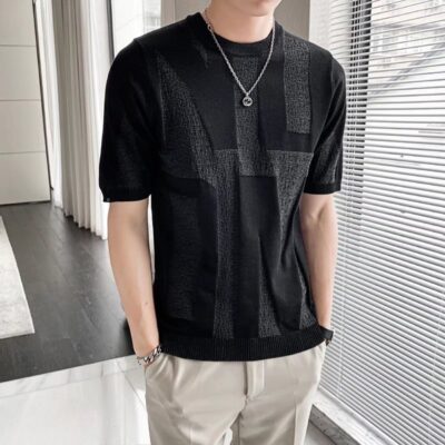 2022 Mới Ngắn Tay Nam Áo Len Dệt Kim Tự Tu Thời Trang Thanh Niên Đáy Áo Sơ Mi Nửa Tay Cá Tính Triều Thương Hiệu Hàng Đầu