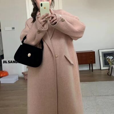 Heige Mới Phiên Bản Hàn Quốc Áo Khoác Len Cashmere Hai Mặt Nữ Tóc Dài Trung Bình Màu Cam Bột Áo Khoác Len Rời