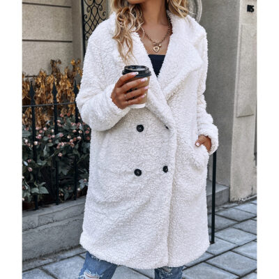 Amazon mùa thu đông Châu Âu và Mỹ chiều dài trung bình đôi túi ve áo áo len cardigan lambswool áo khoác nữ