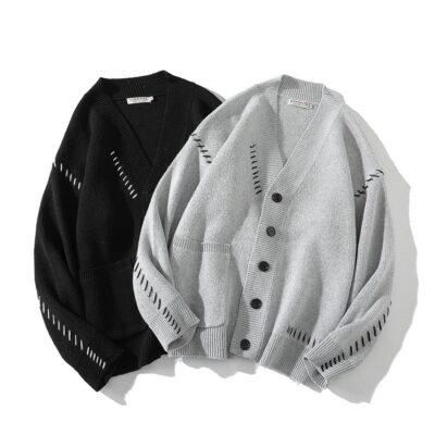 2022 Thu Đông Mới Phong Cách Hồng Kông Retro Trắng Đáy Cardigan Cổ Chữ V Canmatch Đa Năng Áo Len Thường Xuyên Nam Giao Hàng Ngoại Thương