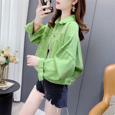 Áo khoác denim màu kẹo ngọt nữ xuân thu 2023 dáng rộng dáng ngắn mới áo khoác phong cách cổ điển nam nhỏ phù hợp với mọi lứa tuổi