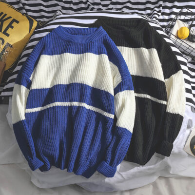2021 Mới Nam Phong Cách Hồng Kông Sọc Rời Áo Len Cổ Tròn Phong Cách Hàn Quốc Áo Dệt Kim Dài Tay Áo Chui Đầu Triều Tiên