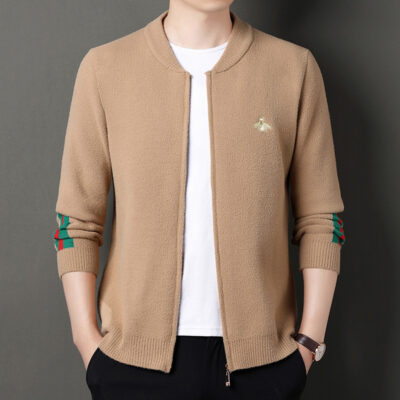 Nam Dày Giả Nhung Nhung Ong Thêu Cardigan Mùa Thu Mới Thời Trang Cổ Bóng Chày Dây Kéo Áo Khoác Dệt Kim