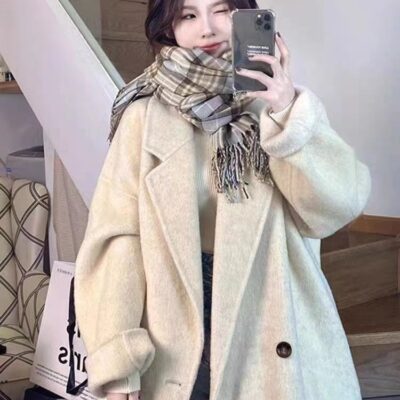 Áo khoác len nữ cashmere hai mặt cao cấp xuân thu 2023 phong cách Hàn Quốc mới Áo khoác len phong cách Hepburn