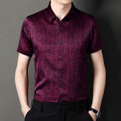 Mùa Hè Áo Sơ Mi Lụa Nam Ngắn Tay Cổ Satin Đầu Xu Hướng Kinh Doanh Bố Đầm Lụa Dâu Tằm Áo Sơ Mi Mỏng