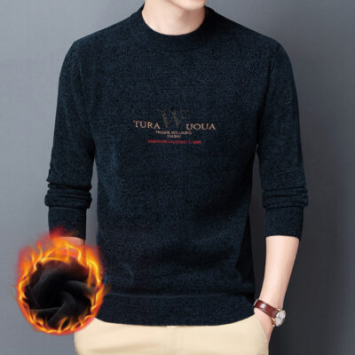 2022 mùa thu đông nhung mới dày dặn viền áo len ủi kim cương thêu cổ tròn áo len trung niên một thế hệ