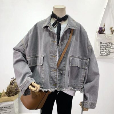 Bảo hộ lao động áo khoác denim nữ mùa thu 2023 mới rời ngắn phần nguyên viền túi lớn áo khoác sinh viên quần áo denim