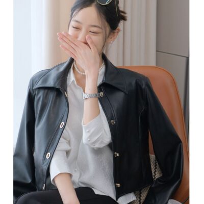 Thế hệ Hàn Quốc G! Chất liệu ban đầu punt cấp cảm giác thơm khóa vàng nhỏ giản dị áo khoác da xe máy áo khoác nữ mùa xuân