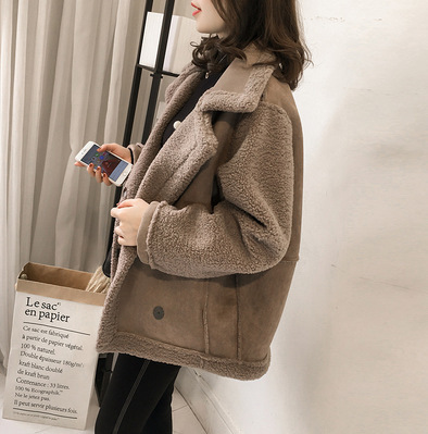 Mùa Đông Mới Ve Áo Lớn Lambswool Áo Khoác Nữ Rời Gió Lông Một Da Lộn Áo Khoác Hợp Thời Trang