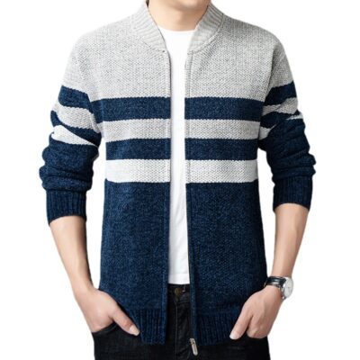 Chenille thương mại nước ngoài áo len nam cộng với nhung dày cổ áo đứng cardigan dây kéo áo len mùa thu và mùa đông nam kích thước lớn áo len áo khoác