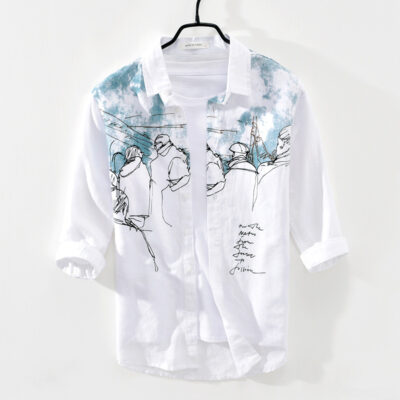 Áo Sơ Mi Nam Mùa Hè 2068 Vải Lanh Cotton Rời Ba Phần Tư Tay Phong Cách Hàn Quốc Phong Cách Hồng Kông In Hình Nhân Vật Đáy Áo Sơ Mi