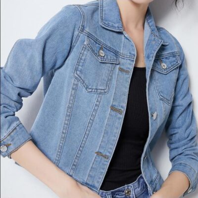 Xanh Dương Crop Áo Khoác Denim Học Sinh Áo Sơ Mi Denim Thu Xuân Màu Tay Dài Nữ Cao Cấp