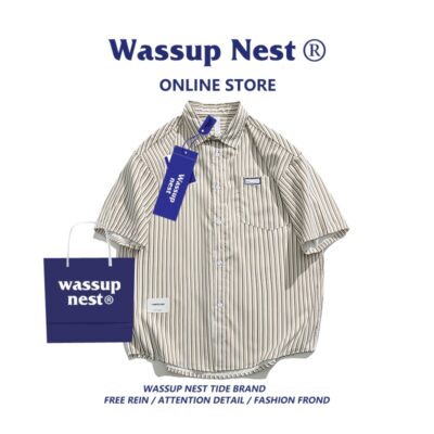 Áo sơ mi ngắn tay sọc WASSUP nam mùa hè mỏng phần triều Nhật Bản thương hiệu rộng giản dị áo sơ mi cặp đôi áo khoác