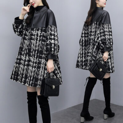 Mùa Thu Đông Mới Size Lớn Rời Khâu Tweed Giữa Dài Phối Đen Kẻ Sọc Áo Khoác Len Nữ