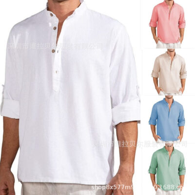 Một số lượng lớn thương mại nước ngoài Áo sơ mi cotton và vải lanh nam dài tay rộng màu trơn của Amazon Áo sơ mi tay áo pull-up kích thước lớn