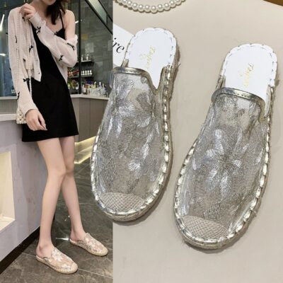 Thương mại nước ngoài cỡ lớn dép đi trong nhà ngư dân áo khoác ngoài mùa hè của phụ nữ thời trang phiên bản Hàn Quốc Lưới Bao Đầu nửa đáy phẳng kéo giày ngư dân xuyên biên giới