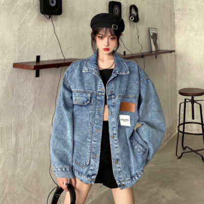 Áo khoác denim nữ mùa xuân và mùa thu phiên bản mới của Hàn Quốc phong cách bf phóng khoáng phong cách nước ngoài phù hợp với áo khoác lưới màu đỏ phổ biến cho nữ hàng đầu