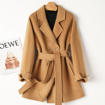 [Len cao cấp của Úc] áo khoác len cashmere hai mặt của phụ nữ áo khoác len màu ô liu áo khoác len phù hợp với cổ áo
