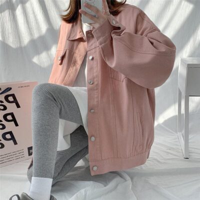 Áo khoác denim dáng rộng màu hồng cho nữ mùa xuân và mùa thu mặc bên ngoài phiên bản Hàn Quốc của chất béo mm kích thước lớn xào dụng cụ đường phố áo choàng