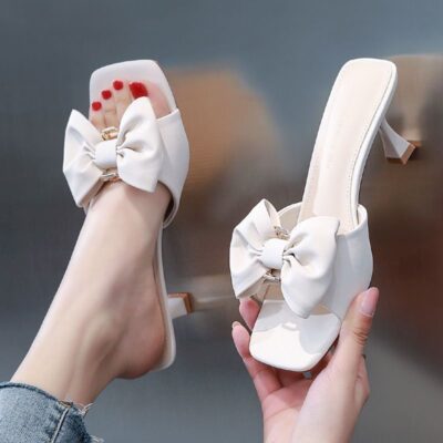 Dép Nữ Mặc Ngoài 2023 Thời Trang Mùa Hè Mới Nơ Đầu Vuông Đế Nữ Từ Giày Sandal Cao Gót