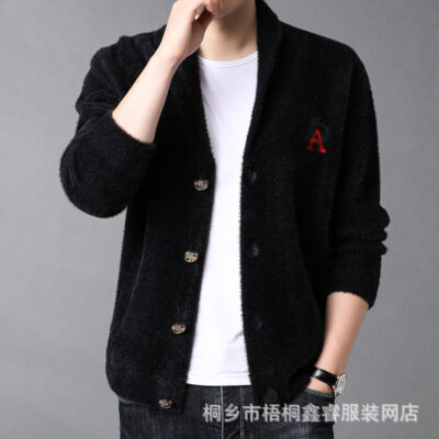 2021 Mới Thời Trang Nam Bóng Chày Cổ Giả Chồn Đan Cardigan Xu Hướng Thời Trang Áo Len Dạ Nỉ Một Dropshipping