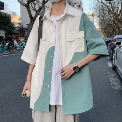 Lụa băng ngắn tay nam thiếu niên mùa hè hợp thời trang thương hiệu áo sơ mi xu hướng dụng cụ Nhật Bản áo sơ mi cặp đôi rộng tay ngắn phổ biến