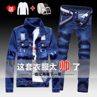Mùa Xuân Và Mùa Thu Nam Phong Cách Hàn Quốc Áo Khoác Ôm Quần Denim Một Bộ Thường Ngày Đẹp Trai Douyin Phối Quần Áo Áo Khoác Ngoài