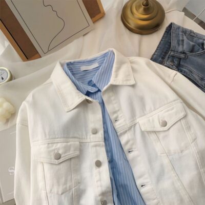 Áo khoác denim màu trắng nữ mùa xuân và mùa thu cỡ lớn chất béo 200 catties mềm mại và nhẹ nhàng rộng rãi áo khoác denim bông nhung