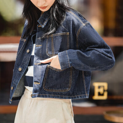 Quần áo nữ Madden phong cách retro của Mỹ đã giặt denim màu xanh đậm áo khoác denim rộng có ve áo ngắn áo khoác nữ