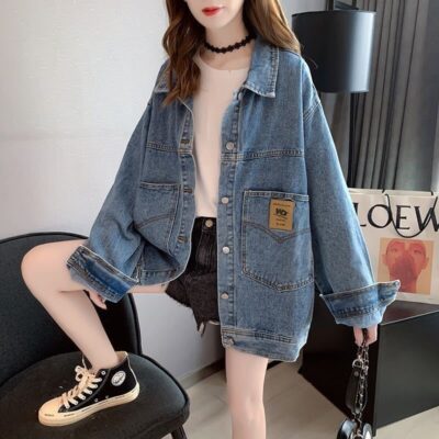 Áo khoác denim nữ dáng rộng phiên bản Hàn Quốc bf2023 mùa xuân và mùa thu mới áo khoác công cụ cỡ trung cỡ lớn hàng đầu