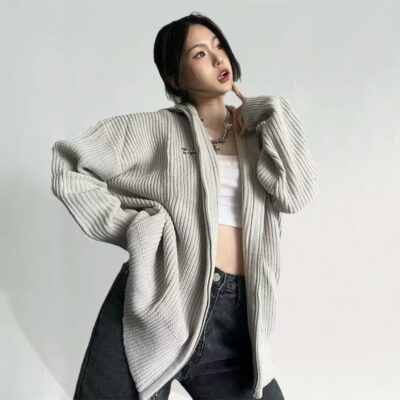 Chữ Dạ Nỉ Dây Kéo Mới Thẳng Đường Áo Len Cardigan Áo Len Cổ Đứng Nam Nữ Cùng Phong Cách Dài Tay Hàng Đầu