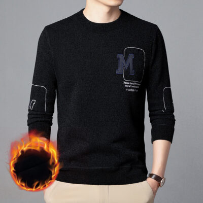 Áo len dệt kim nhung nam dệt kim dày ấm đáy áo sơ mi mùa đông mới áo len nam cổ tròn