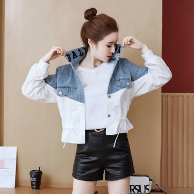 Mùa xuân năm 2023 mới thời trang nữ mùa xuân và mùa thu phổ biến dáng rộng ngắn phối denim nối áo khoác triều