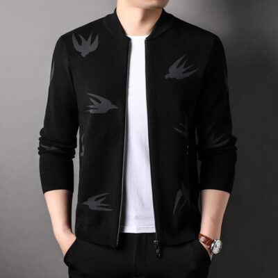 Áo khoác cardigan dệt kim cổ bóng chày có dây kéo thu đông mới cho nam giới trung niên và thanh niên giản dị jacquard áo len én nhỏ áo khoác nam