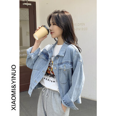[Oufan] 7919 áo khoác denim nữ mùa xuân 2023 phong cách retro mới Hồng Kông áo khoác rộng xu hướng quần áo denim đỏ