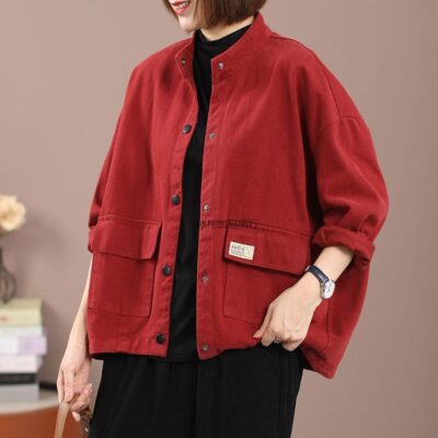 Cổ đứng dụng cụ áo khoác denim nữ áo khoác giản dị 2023 mùa xuân và mùa thu mới rộng kích thước lớn cardigan ngắn