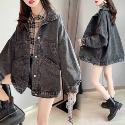 Áo khoác denim màu xám khói nữ sinh phong cách Hàn Quốc dáng rộng áo khoác nữ phong cách bùng nổ quần áo nam cao cấp