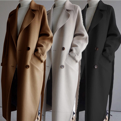 Áo khoác cashmere hai mặt chống mùa của phụ nữ dài giữa mùa thu và mùa đông len màu be Waitmore áo khoác len hai mặt