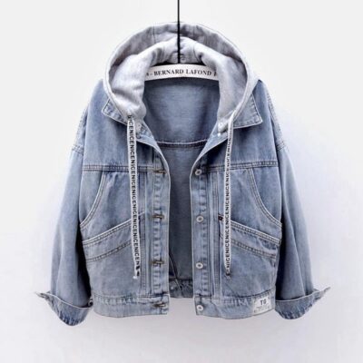 Áo khoác denim nữ sinh phiên bản Hàn Quốc dáng rộng áo khoác ngắn dài tay có mũ nhiều túi phù hợp hàng đầu mùa thu đông