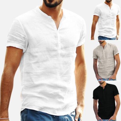 2023 xuất khẩu mới Âu Mỹ nam cổ đứng cotton lanh áo sơ mi ngắn tay Amazon wish áo sơ mi phong cách nóng bỏng
