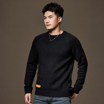 Màu quý mùa xuân và mùa thu hợp thời trang áo len dệt kim nam cảm giác cao cấp cỡ lớn rộng thùng thình áo len chui đầu cổ tròn nam màu đen