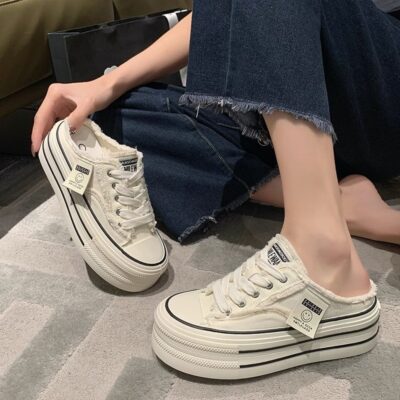 Giày lười Bao Đầu nửa dép nữ mùa hè 2023 phong cách mới bên ngoài giày vải thoáng khí bên trong giày nửa trượt đế dày tăng chiều cao