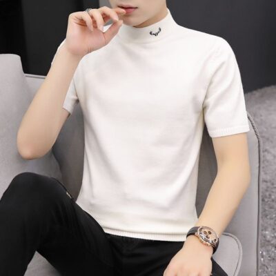 Áo thun nam cổ cao tay ngắn bán thu áo len dệt kim cá tính từ bi sơ mi slim trắng mới về đáy
