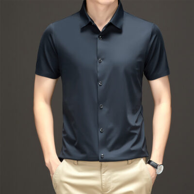 Ice Silk Silky Short Sleeve Áo sơ mi nam mùa hè nam thể thao thoải mái thoáng khí Áo sơ mi công sở ngắn tay miễn phí ủi