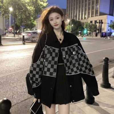 Đồng phục bóng chày denim khâu kẻ caro nữ mùa xuân và mùa thu mới 2023 Harajuku Áo khoác rời phong cách Hồng Kông áo khoác hợp thời trang ins