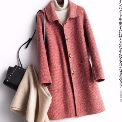 Búp Bê Houndstooth Cổ Áo Khoác Len Dài Giữa Hàn Quốc 2 Mặt Áo Khoác Len Rời Size Lớn